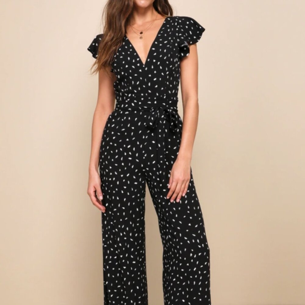 Lulus Fine Print Black And White Print Backless Jumpsuit - Size M